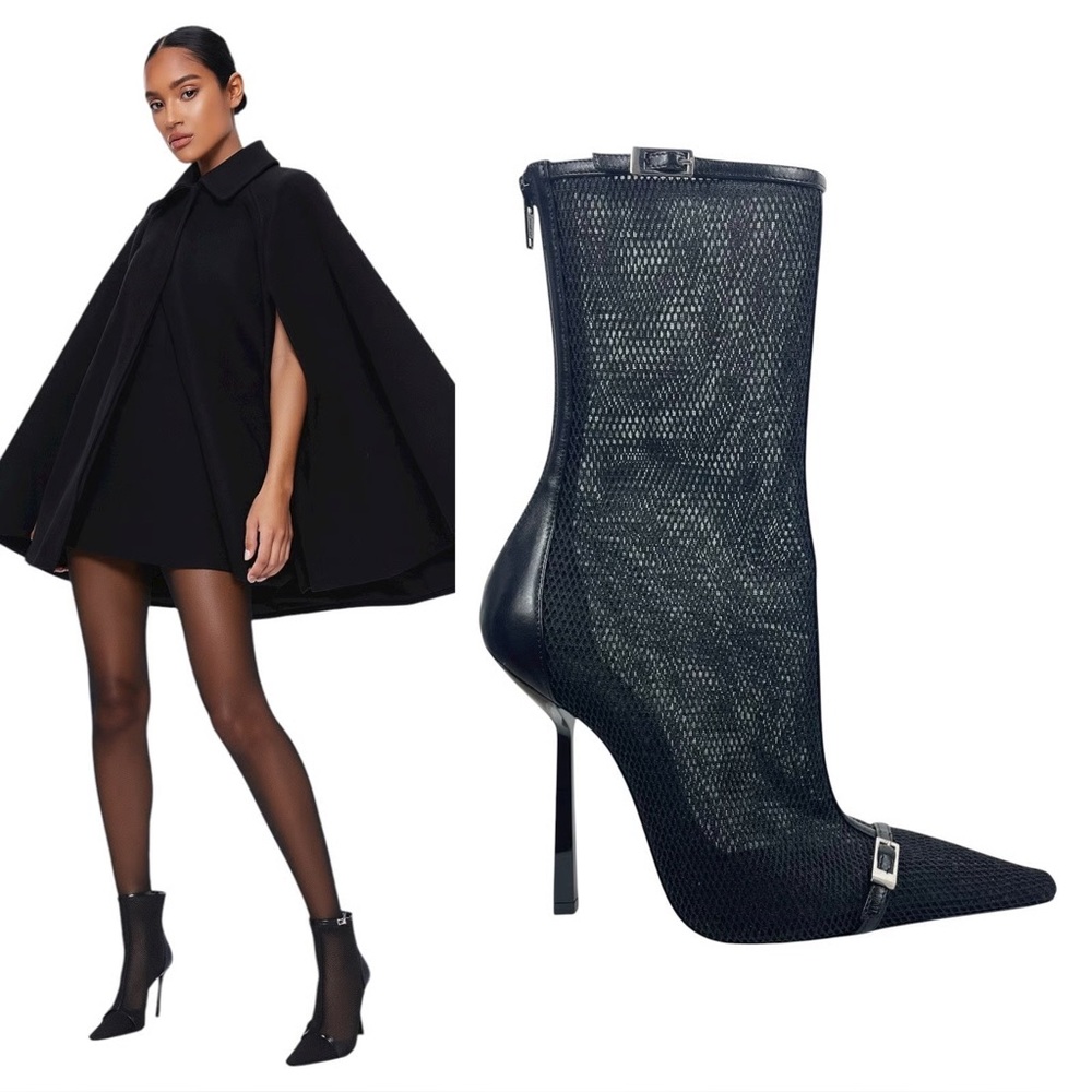 Saint Laurent Oxalis Black Mesh Pointed-Toe Ankle Boots - Picture 2 of 4